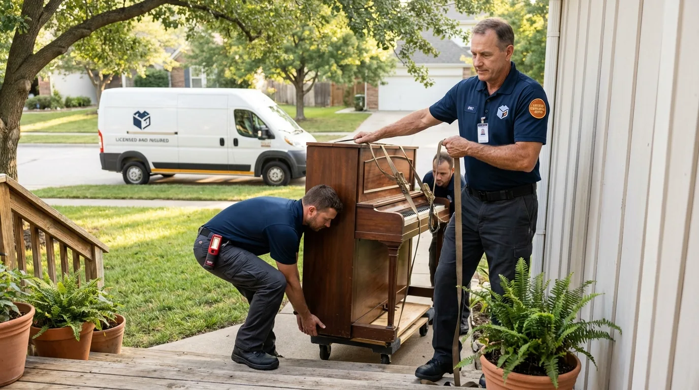 Licensed piano movers securing grand piano in Grand Terrace, CA