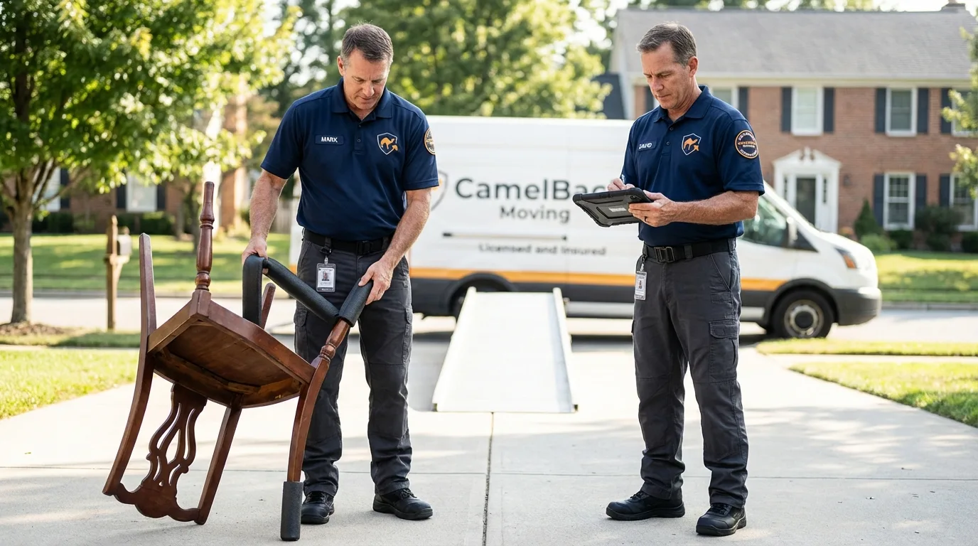Movers inspecting furniture for damage prevention before loading in Grand Terrace, CA