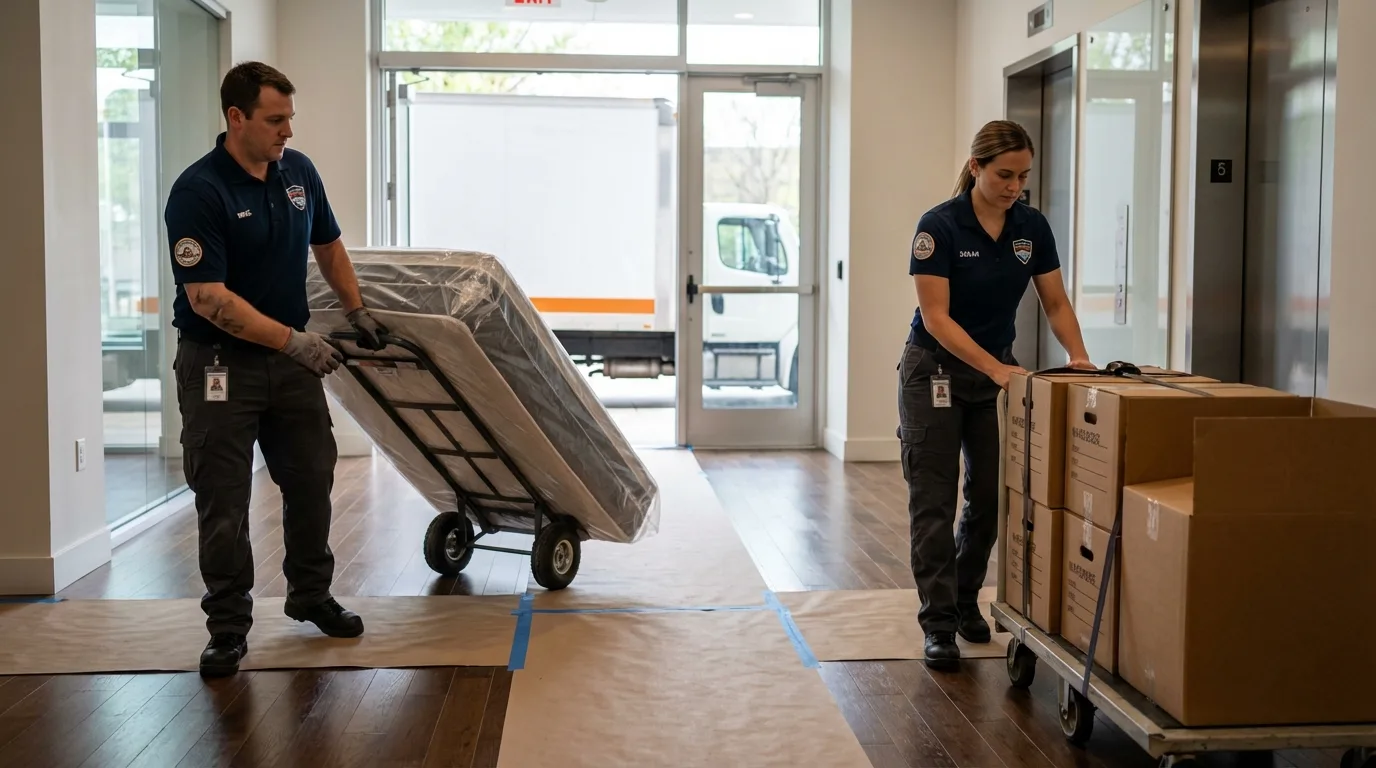 Professional apartment movers loading elevator in Grand Terrace, CA